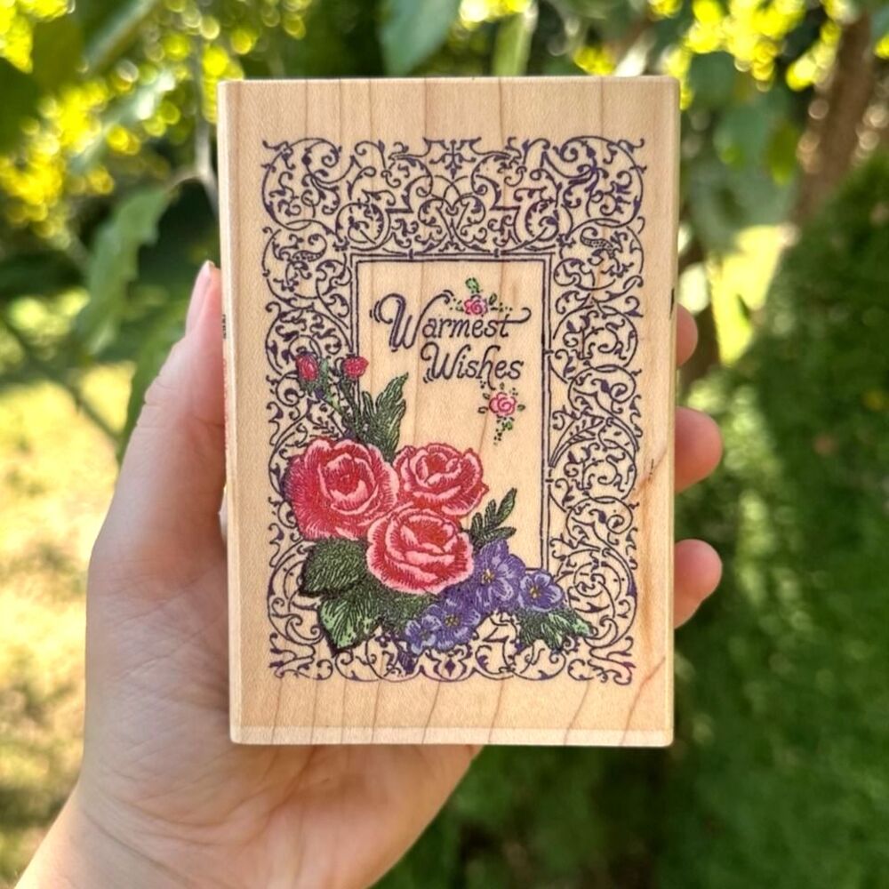 Vintage Warmest Wishes Rubber Stamp Floral Flowers Design 1990s
